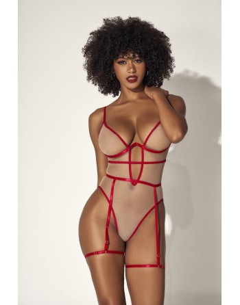 body sexy pour femme avec armatures, couleur chair et rouge
