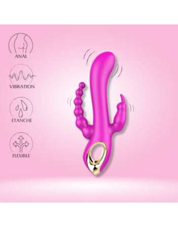 vibromasseur 3 têtes Rabbit rose avec chapelet anal vibrant intégré